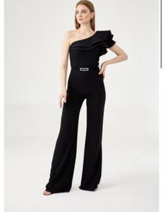 ODRELLA One Shoulder Ruffle‎ Jumpsuit Black NWT 38